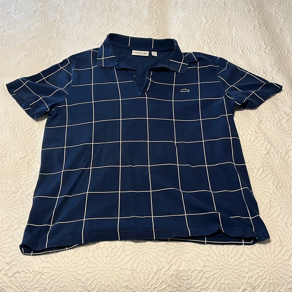 Lacoste Blue and white square stripe polo shirt